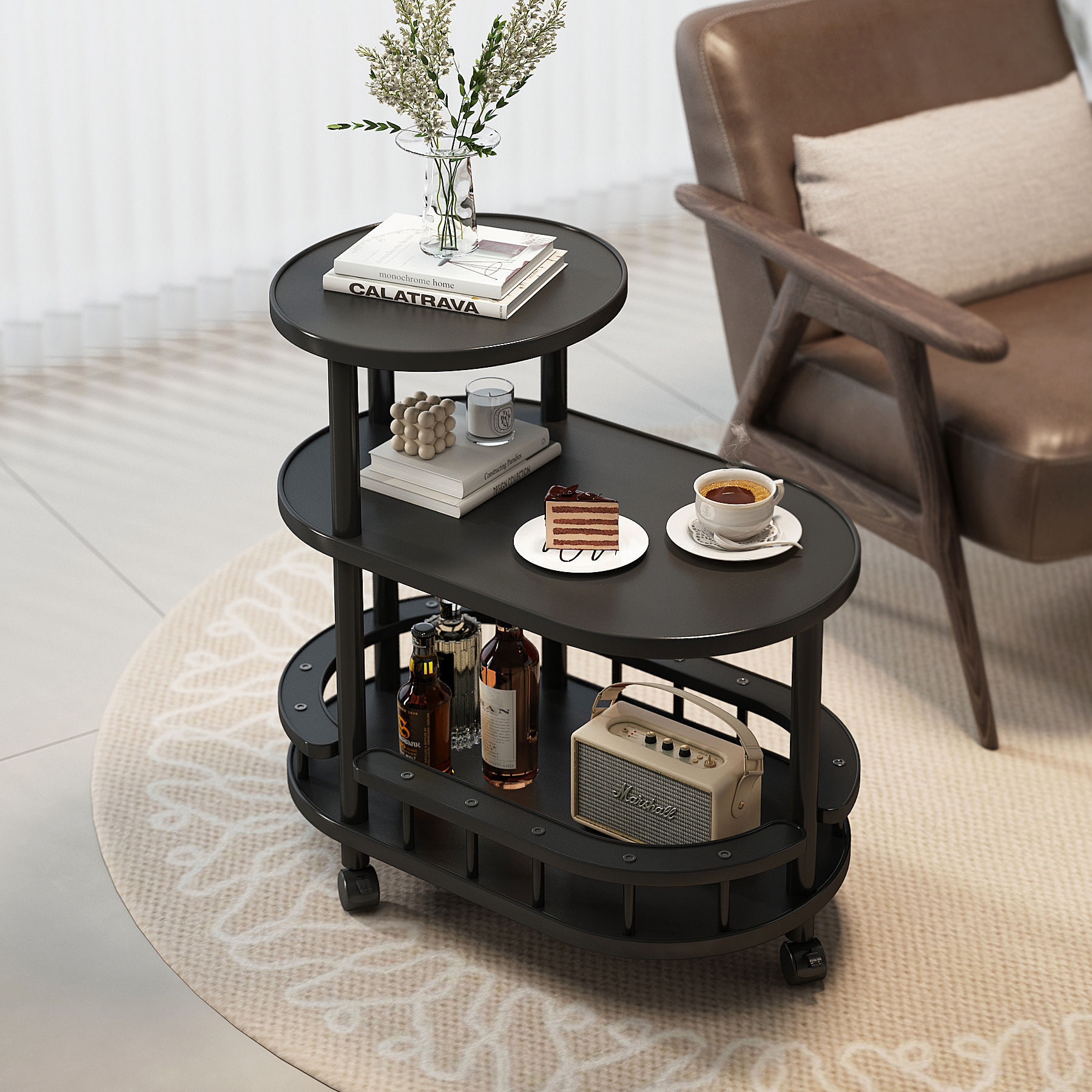Sofa Side Table, Small Trolley, Movable Coffee Table, Small Table, Side Cabinet, Living Room 2024 New Style, Mid-Century Style Storage Rack