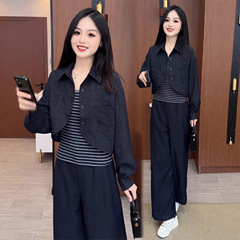 时尚牛仔套装女2025年春秋季新款显瘦短外套条纹背心阔腿裤三件套