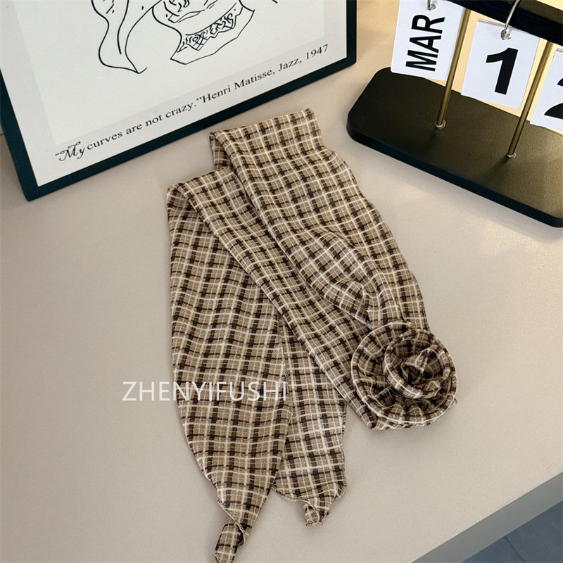 실크 스카프 + 꽃 [카키 체크 무늬]