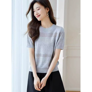 2025新款夏季女短袖T恤镂空冰丝薄款正肩气质减龄宽松时尚针织衫
