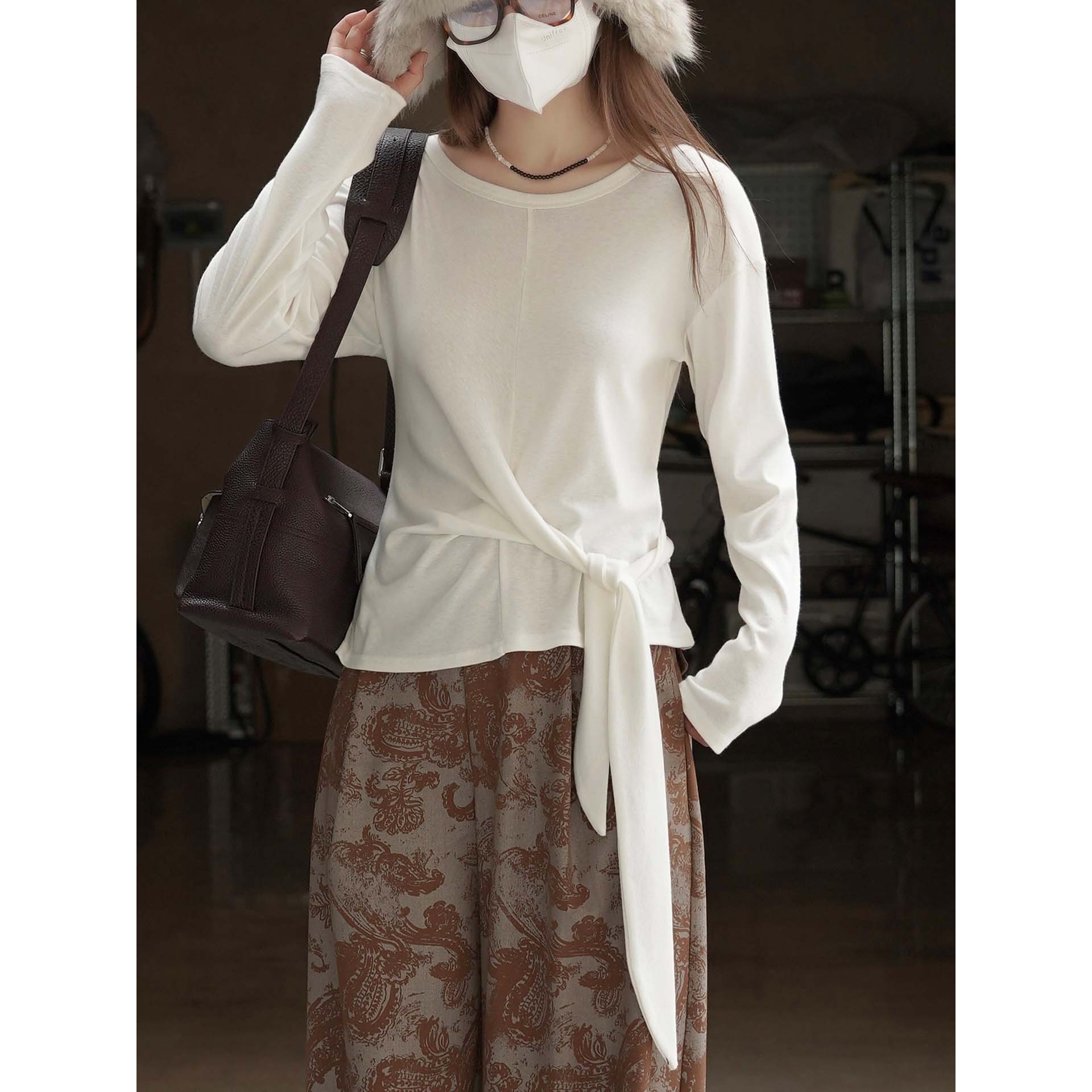 Autumn and Winter New Korean Style Fashionable Lazy Style Split Line Strap Splicing T-Shirt Slimming Casual Top for Women