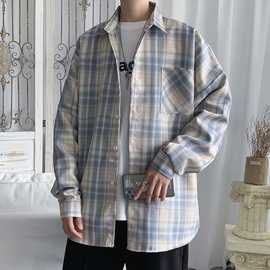 格子长袖衬衫男潮ins时尚百搭港风日系休闲宽松韩版潮流外套衬衣