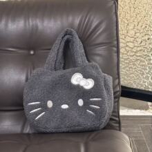 可爱Kitty秋冬猫咪手提包羊羔格子手腕卡通上班通勤包包手拎包女