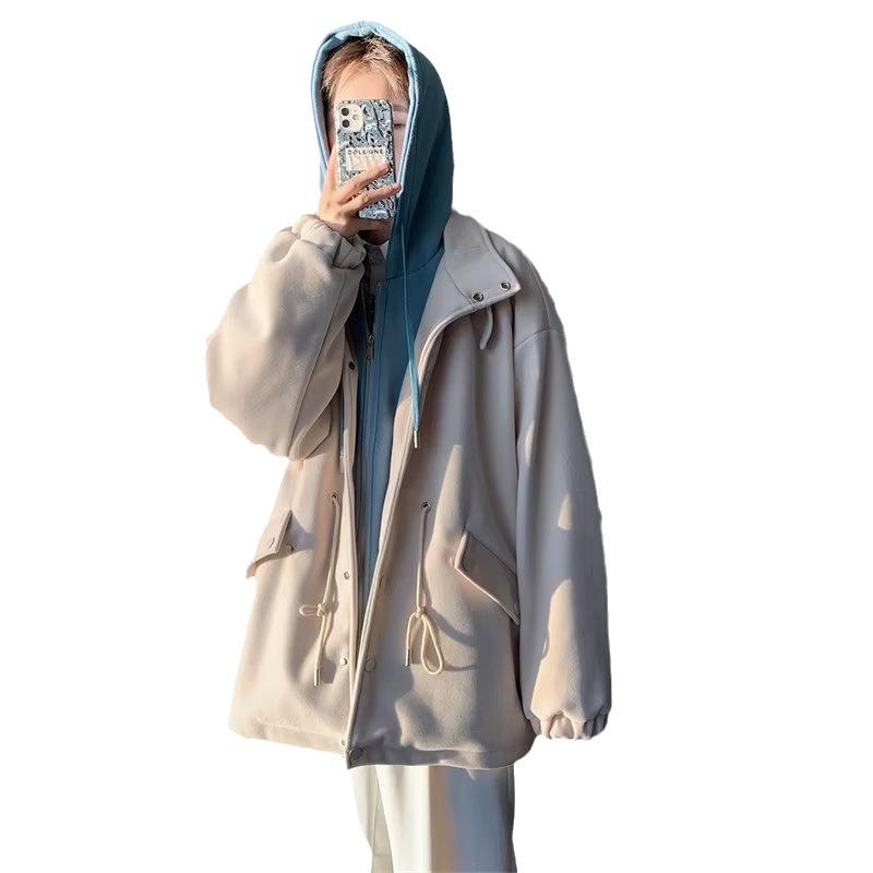 Otoño e invierno sueltos estilo de Hong Kong bf falso abrigo de lana de dos piezas pareja masculina rompevientos con capucha abrigo de lana guapo de moda