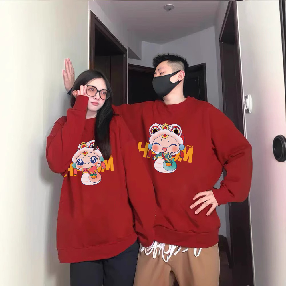 가을과 겨울 기모 크루 넥 스웨터 커플 의류 올해 레드 축제 의류 패션 브랜드 클래스 의류 따뜻한 기본 셔츠