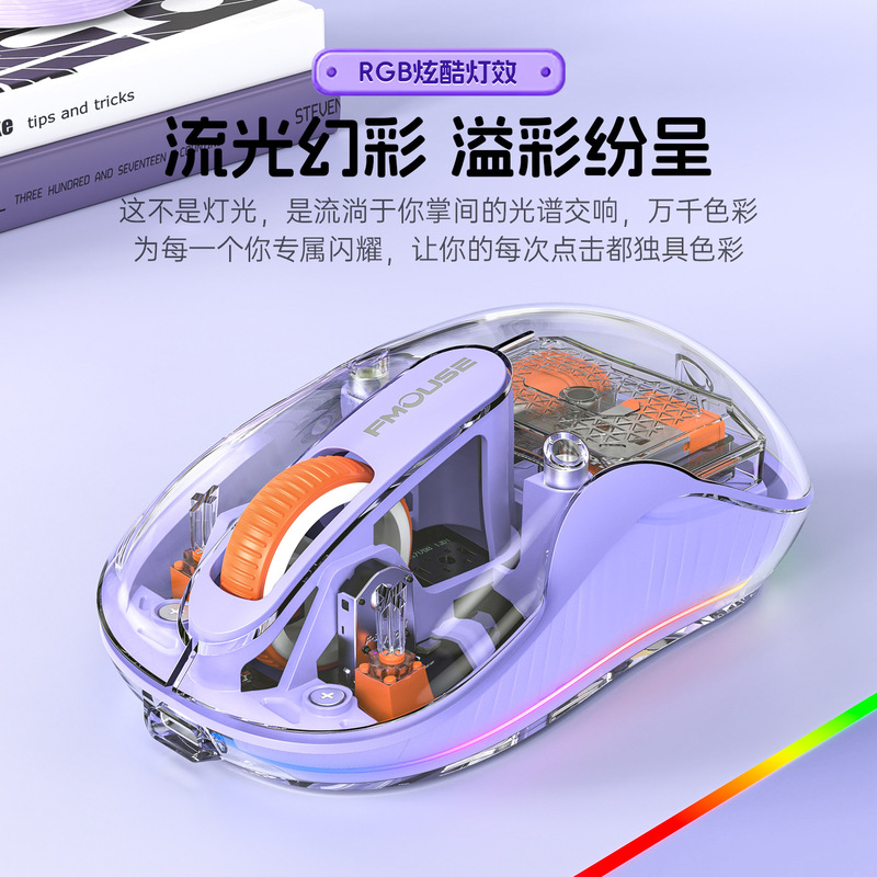Wireless Bluetooth Three-Mode Transparent Mouse with Power Display, Ergonomic Office Lighting Gift, Human Body-Friendly Three-Mode Rechargeable