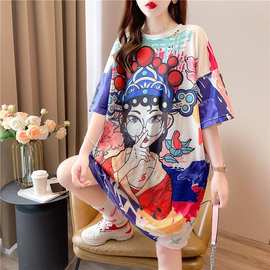 国潮风京剧印花短袖t恤女2023夏装新款洋气设计感长款过膝上衣女