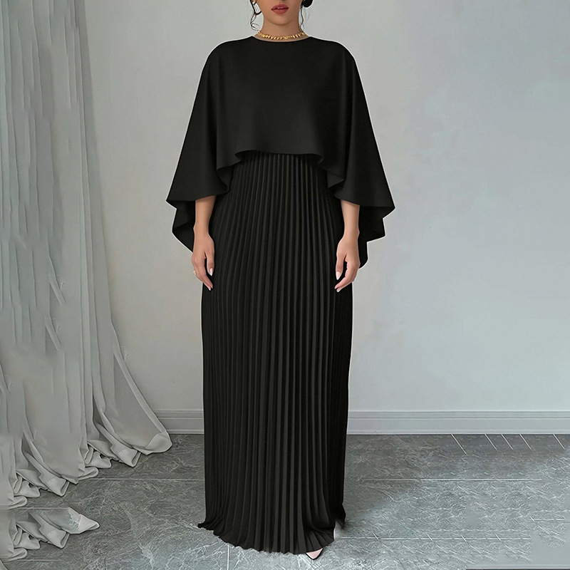 Spring 2026 New Women's Clothing, Cape Elegant Solid Color Round Neck Pleated Slim Fit Fashion Suit_ecoleips.com