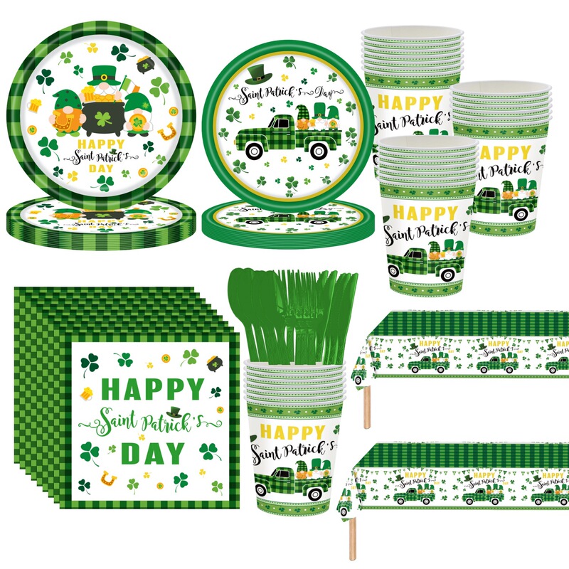 St. Patrick's Day Decorative Tableware Set Disposable Green Irish Children's Festival Paper Plate Paper Cup Tissue
