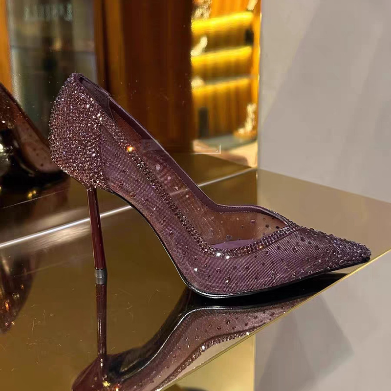 2026 Summer New Purple Rhinestone Pointed Toe High Heels for Women, 9cm Stiletto Heel, Fashionable Shiny Mesh Shallow Single Shoes