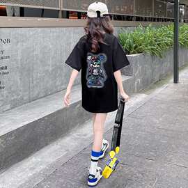 女童卡通小熊纯棉T恤裙夏季网红中大童洋气女孩中长款休闲短袖裙