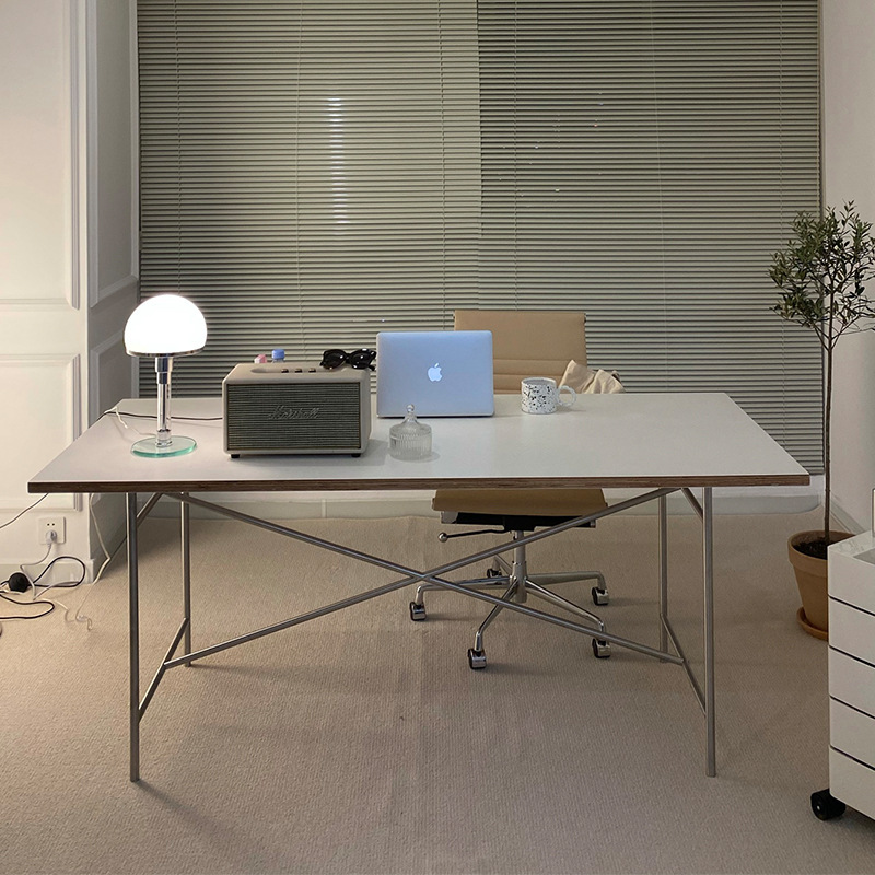 Modern Simple Stainless Steel Bauhaus Rectangular White ins Solid Wood Conference Table Living Room Dining Table Office Desk