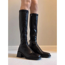 牛皮版~真皮粗跟包腿弹力瘦瘦靴女方头高跟高筒靴子长筒靴骑士靴