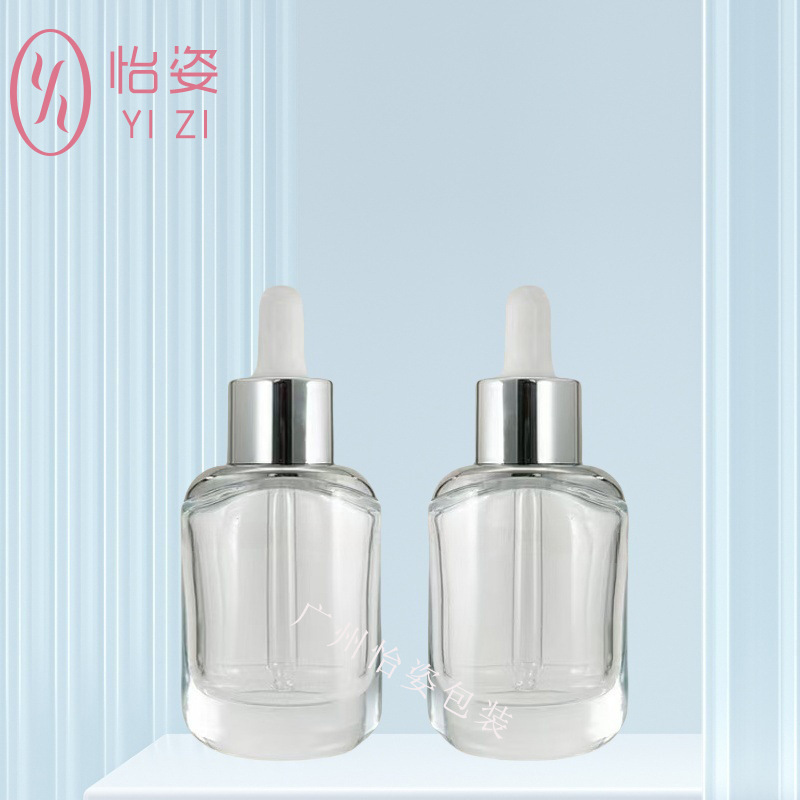扁圆精华液瓶厚底精油瓶斜肩玻璃瓶胶头滴管瓶化妆品分装瓶加厚