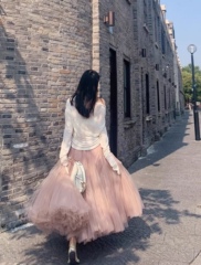 MadmanMomo 疯子默同款大摆网纱拼接蓬蓬裙裸粉色半身裙长款伞裙