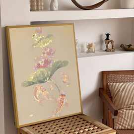 G5Z招财荷花锦鲤古风十字绣简约竖版玄关客厅极简风餐厅手工满绣