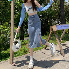 009侧开叉牛仔半身裙女2022春夏小个子高腰中长款梨形身材