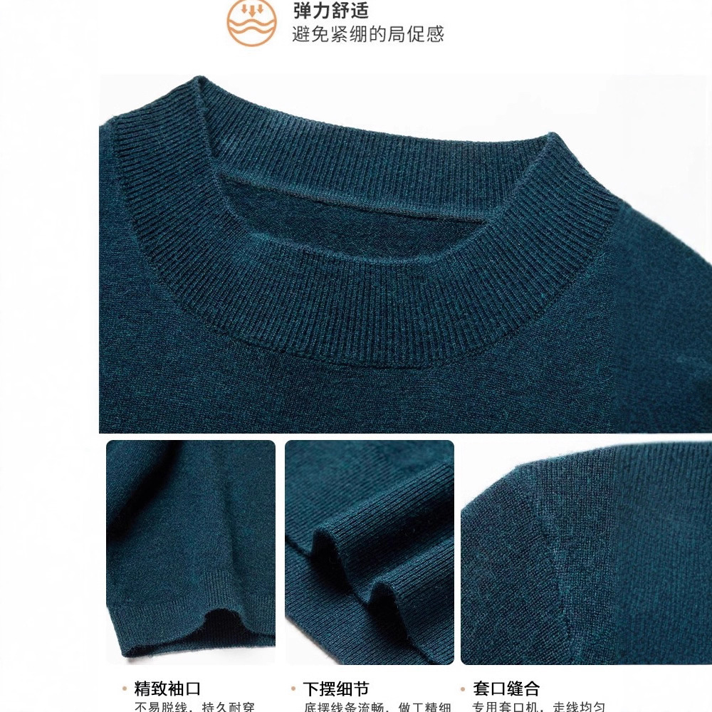 Ordos 100% cachemira pura, hombre de manga corta, suéter de lana de punto de cuello medio alto, suéter de manga media gruesa