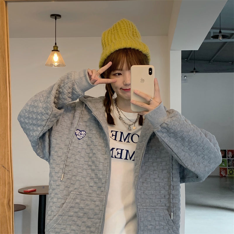 Waffle Amor super popular suéter para las mujeres ins primavera y otoño flojo Delgado BF estilo perezoso High Street zipper cardigan chaqueta