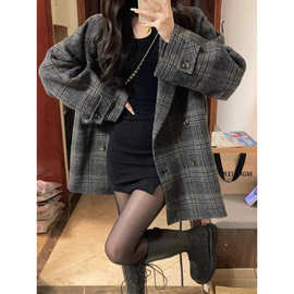 短款呢子大衣女新款秋冬季格子毛呢外套高级感加厚西装韩系