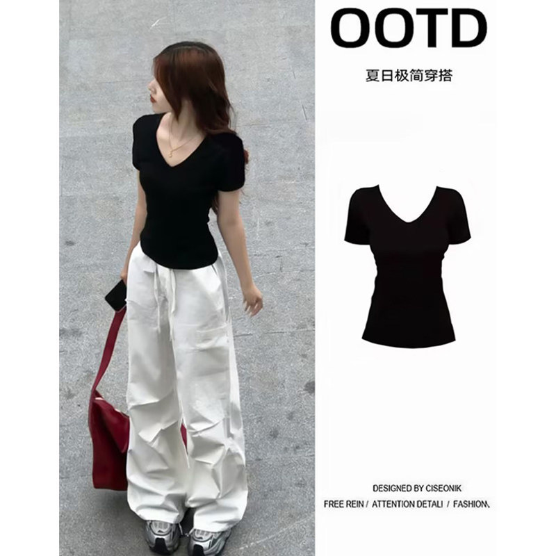 Black V-Neck Slim-Fit Short-Sleeve Women's T-Shirt 2026 New Spring/Summer Tight-Fitting Inner Wear Waist-Cinching Half-Sleeve Crop Top