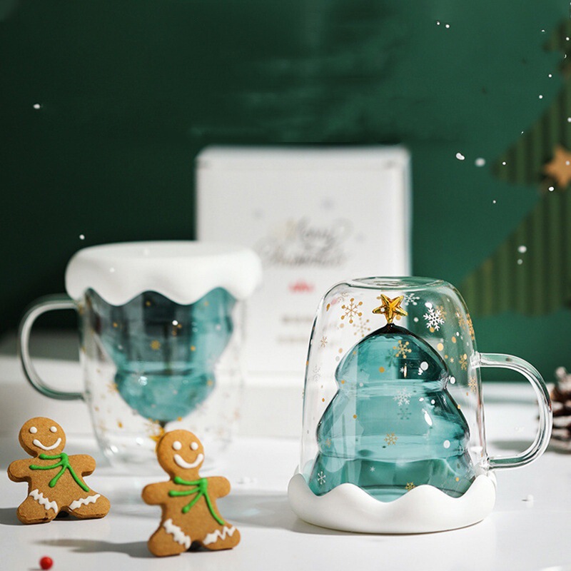 高ホウ素シリコンガラスの取っ手付き二層クリスマスカップのシンプルな家庭用ジュース飲料カップ|undefined