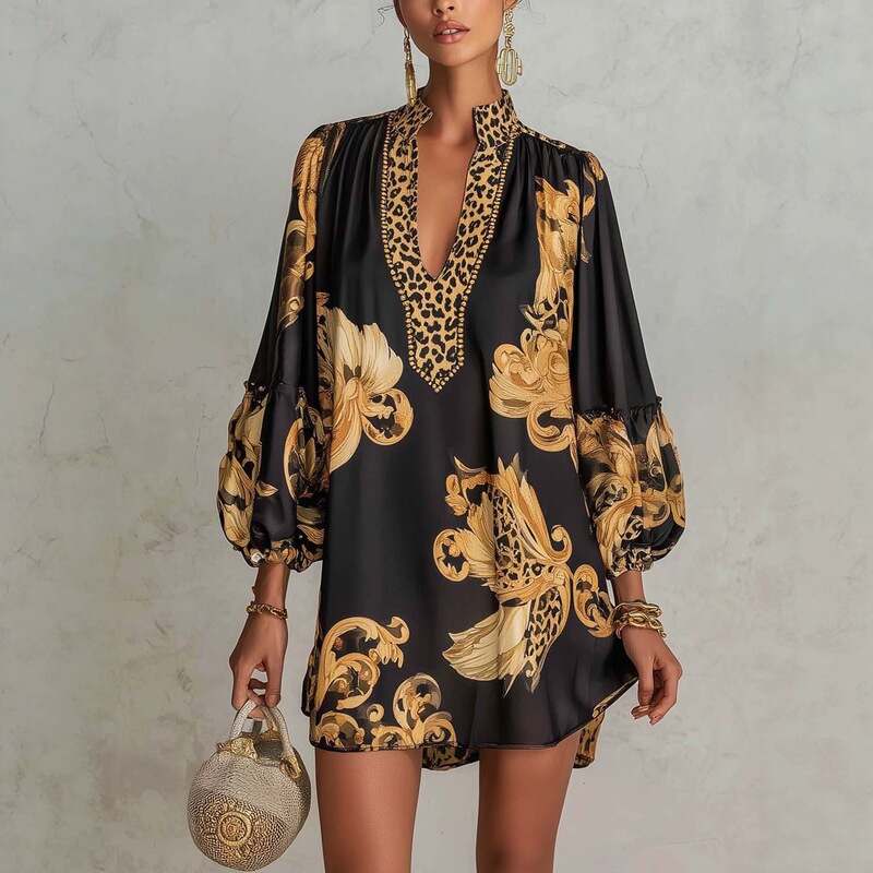 2026 Vintage Leopard Print Patchwork with Gold-Embossed Floral Pattern, Stand Collar, V-Neck, Lantern Sleeves, Loose Satin Short Dress 2026 Vintage Leopard Print Patchwork with Gold-Embossed Floral Pattern, Stand Collar, V-Neck, Lantern Sleeves, Loose Satin Short Dress