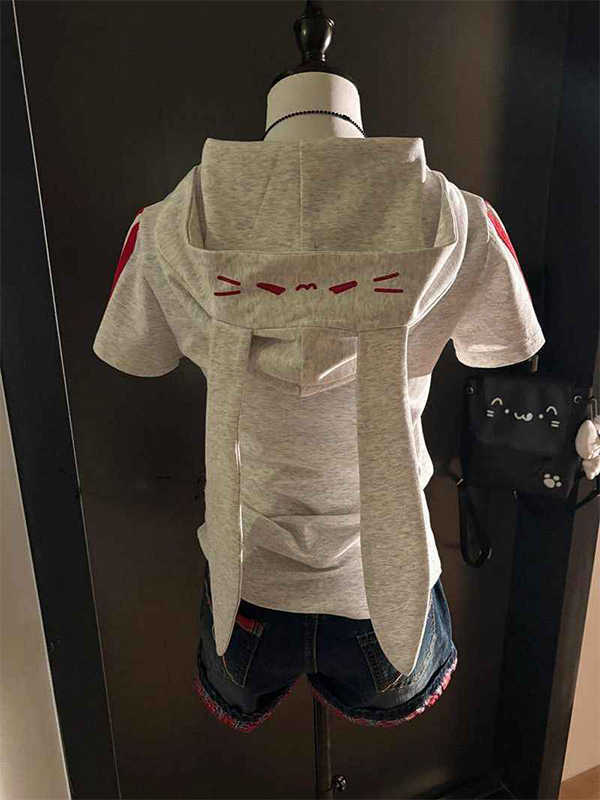 日本のかわいいウサギの耳フード付き半袖Tシャツレディース夏新作スリムフィットカジュアルジャケットトップス|undefined