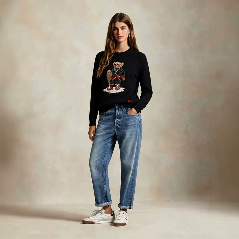 High-quality RL scannable autumn and winter new cartoon bear knit sweater for women, round neck jacquard pullover, long sleeve, casual High-quality RL scannable autumn and winter new cartoon bear knit sweater for women, round neck jacquard pullover, long sleeve, casual