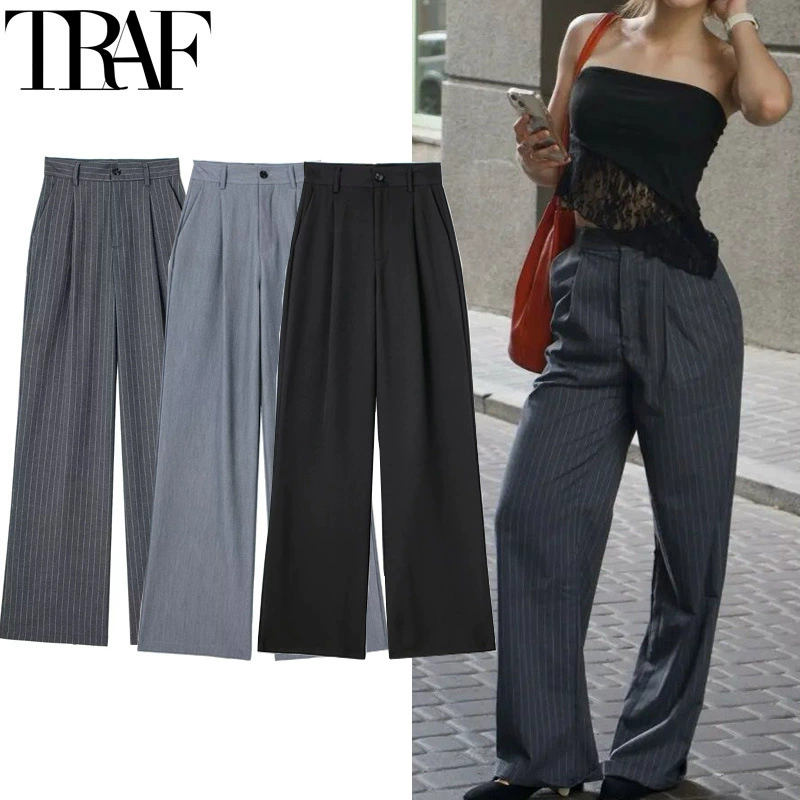 Wide‑leg high‑waist suit trousers for women, oversize, classic pleated style