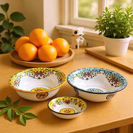 18-30CM勾连花搪瓷盆饭店餐厅用盆加厚菜盆汤盆龙虾盆川湘菜盆