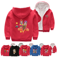外贸童装外套冬装加厚加绒连帽衫珊瑚绒卡通娃娃印花保暖外衣T037