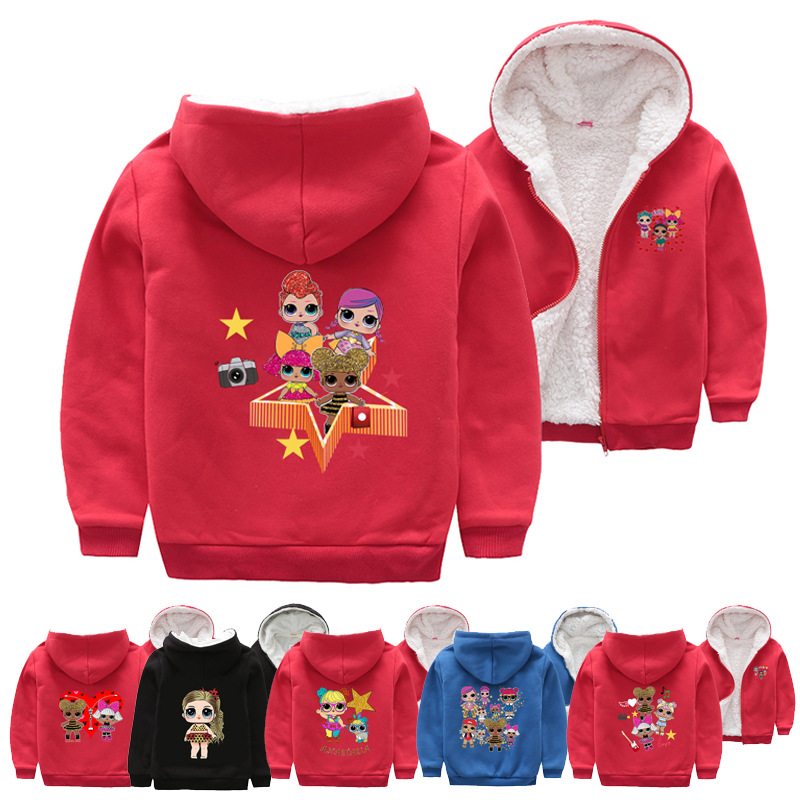 外贸童装外套冬装加厚加绒连帽衫珊瑚绒卡通娃娃印花保暖外衣T037