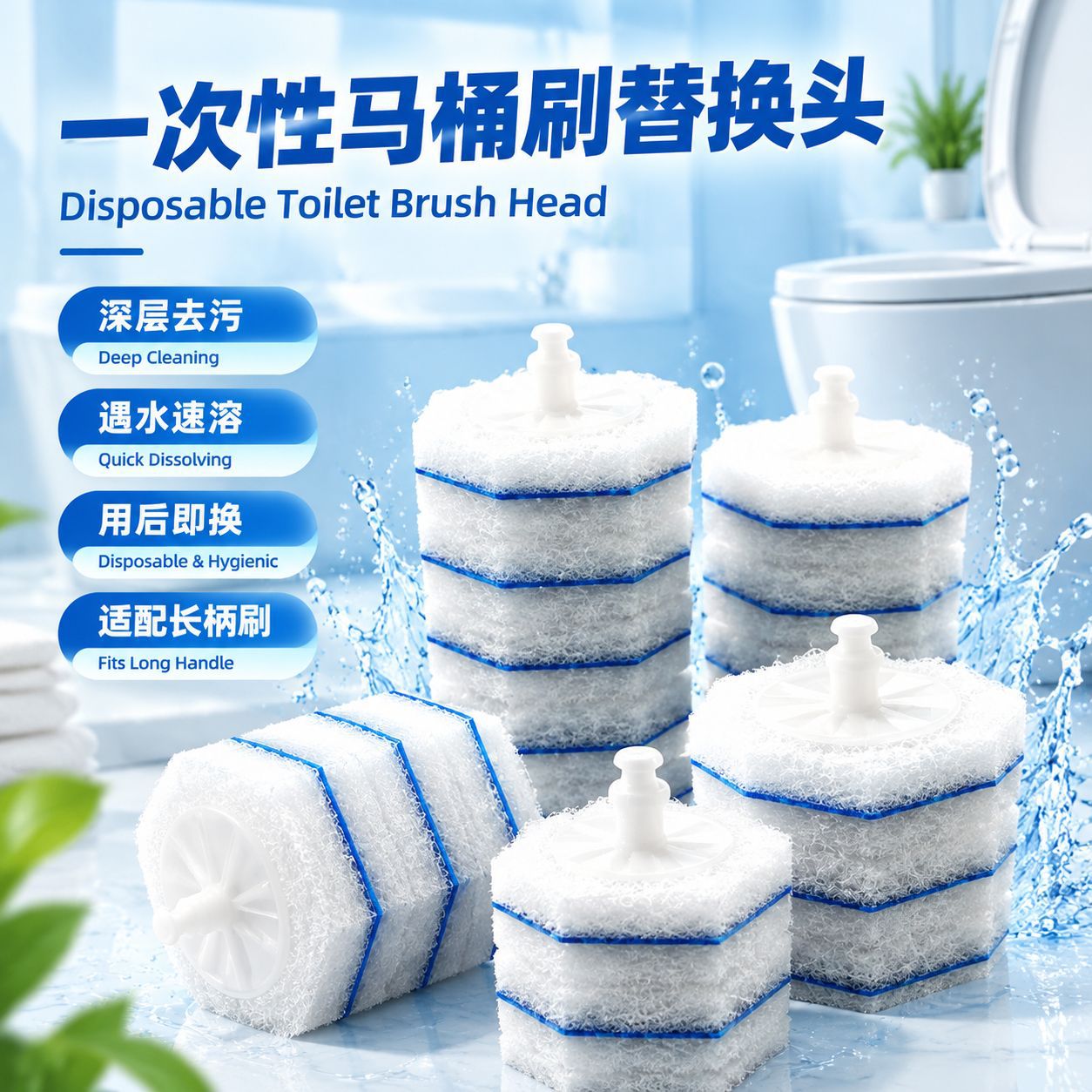 Cross-Border Hot-Selling Disposable Toilet Brush, High-End Bathroom Cleaning and Stain Removal Handle, Touch-Free Daily Disposable Toilet Brush Head