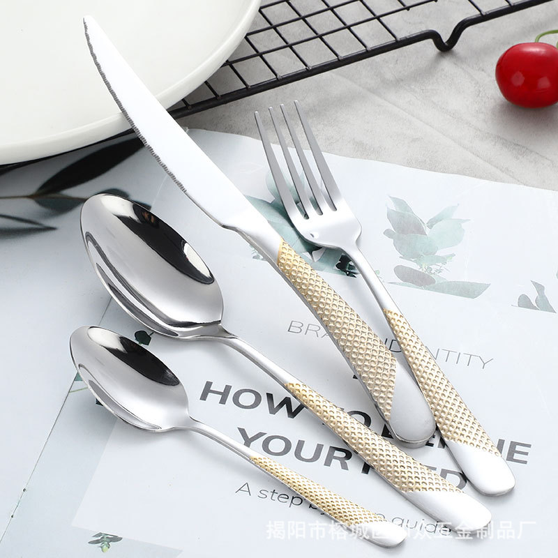 Cross-border 410 de acero inoxidable de agua chapado en oro de la estrella de diamante cuchillo de filete cuchara de comida occidental Tenedor cuchara de té hotel restaurante cuchillo de filete cuchara Tenedor