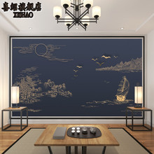 8d立体新中式山水背景墙壁纸线条画艺术抽象墙纸深色客厅沙发壁画