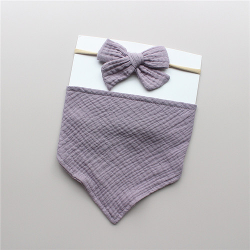 跨境新款婴儿口水巾发带套装 儿童棉绉布三角巾蝴蝶结头带2件套