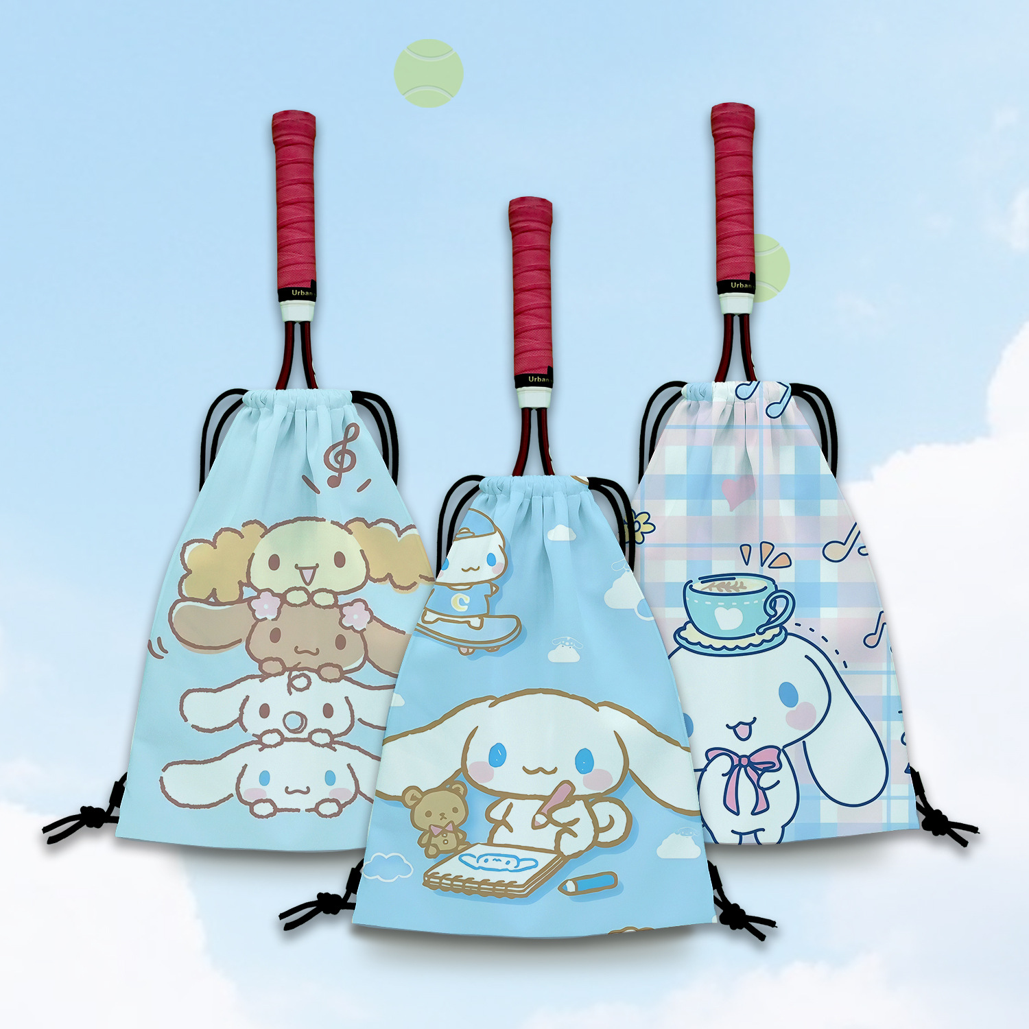 Little White Dog Tennis Racket Bag Series Tennis Bag Portable Drawstring Tennis Racket Storage Bag for Elementary School Students