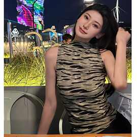 美式辣妹性感无袖修身复古显瘦时尚jazz半高领紧身运动背心上衣潮