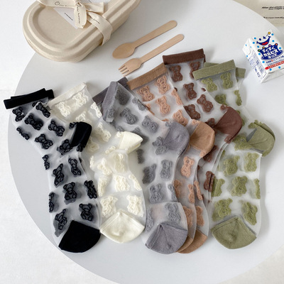 夏季日系小熊卡丝袜子女中筒袜 韩版ins潮流透明玻璃丝仙女袜棉薄|ms