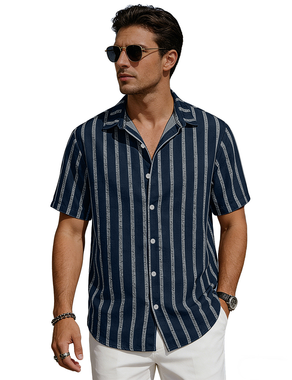Amazon verano nuevo hombre con la solapa a rayas cardigan de manga corta americano gran camisa casual de comercio exterior camiseta hombre