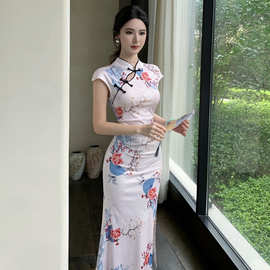 WDS5069欧美2025跨境外贸批发复古短袖印花开叉褶皱旗袍连衣长裙