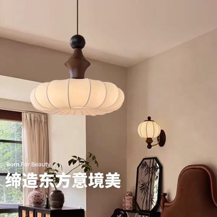 中古風実木復古中国風高級感寝室客間書房灯フランス新中国式シルク吊り灯具|undefined