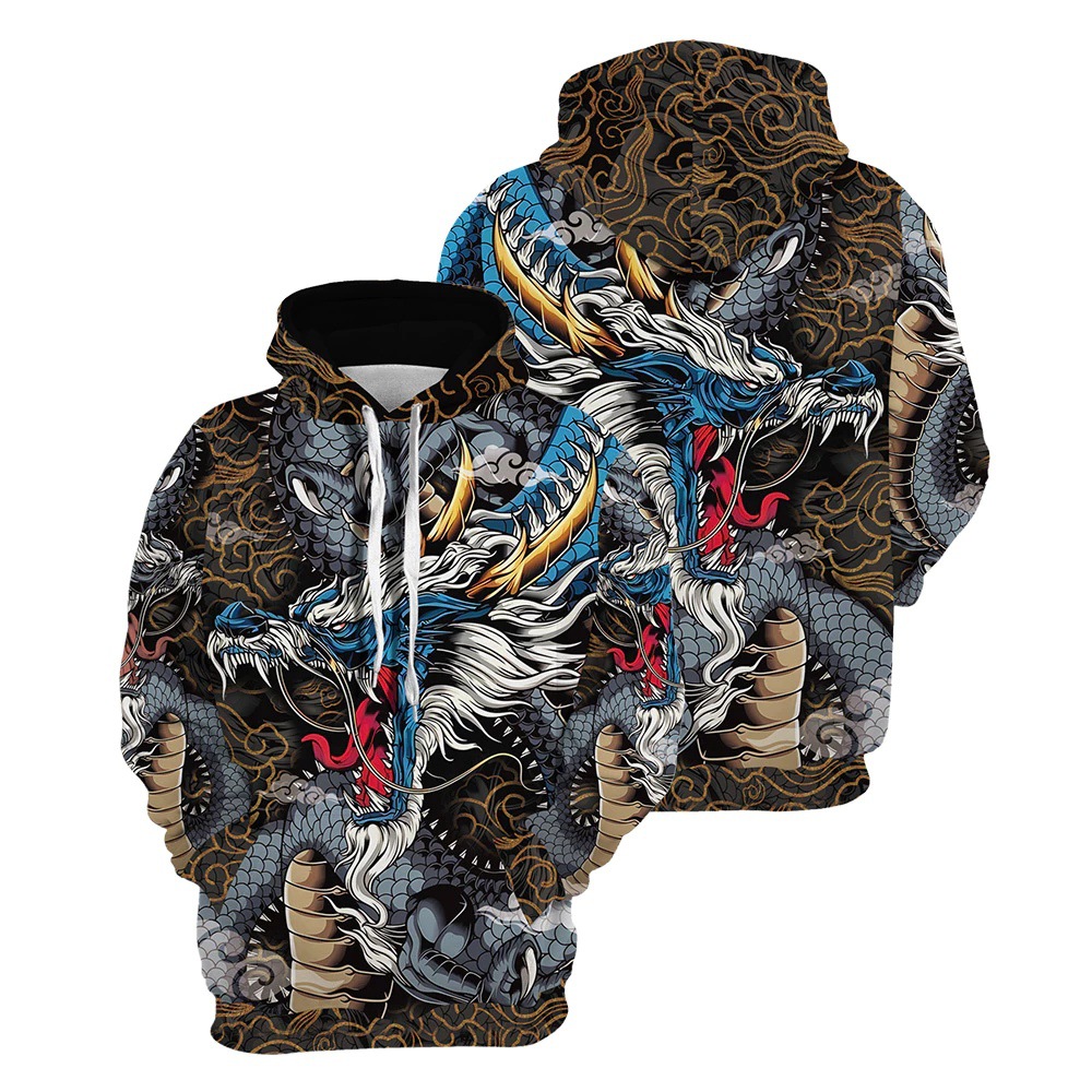 Civilización antigua clásica, bestia, dragón, estampado en 3D, suéter con capucha de manga larga con capucha y ancho de hombros de todo fósforo de la calle principal para hombres
