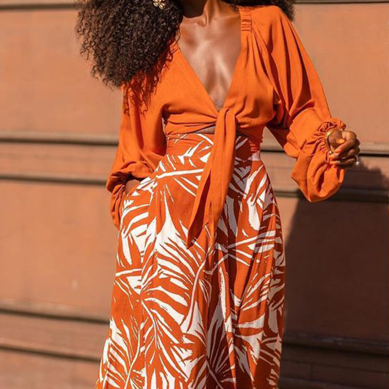 Women's Clothing new women's fashionable temperament printed pants V neck top long sleeved two piece set_voghion.com