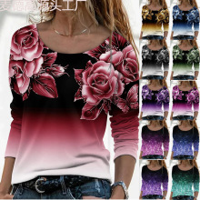 2022wish亚马逊ebay欧美新款长袖宽松圆领休闲套头3D印花T恤女