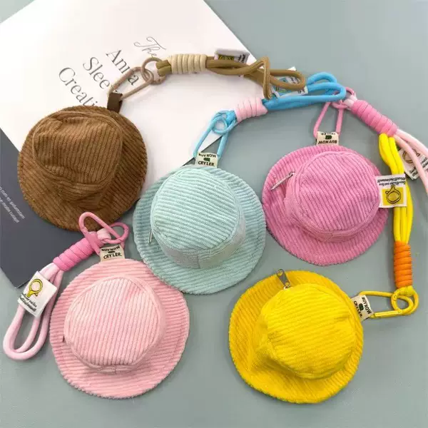 Dopamine Mini Pouch Storage Coin Purse Corduroy Bucket Hat Style Earphone Case Keychain Lanyard Accessory