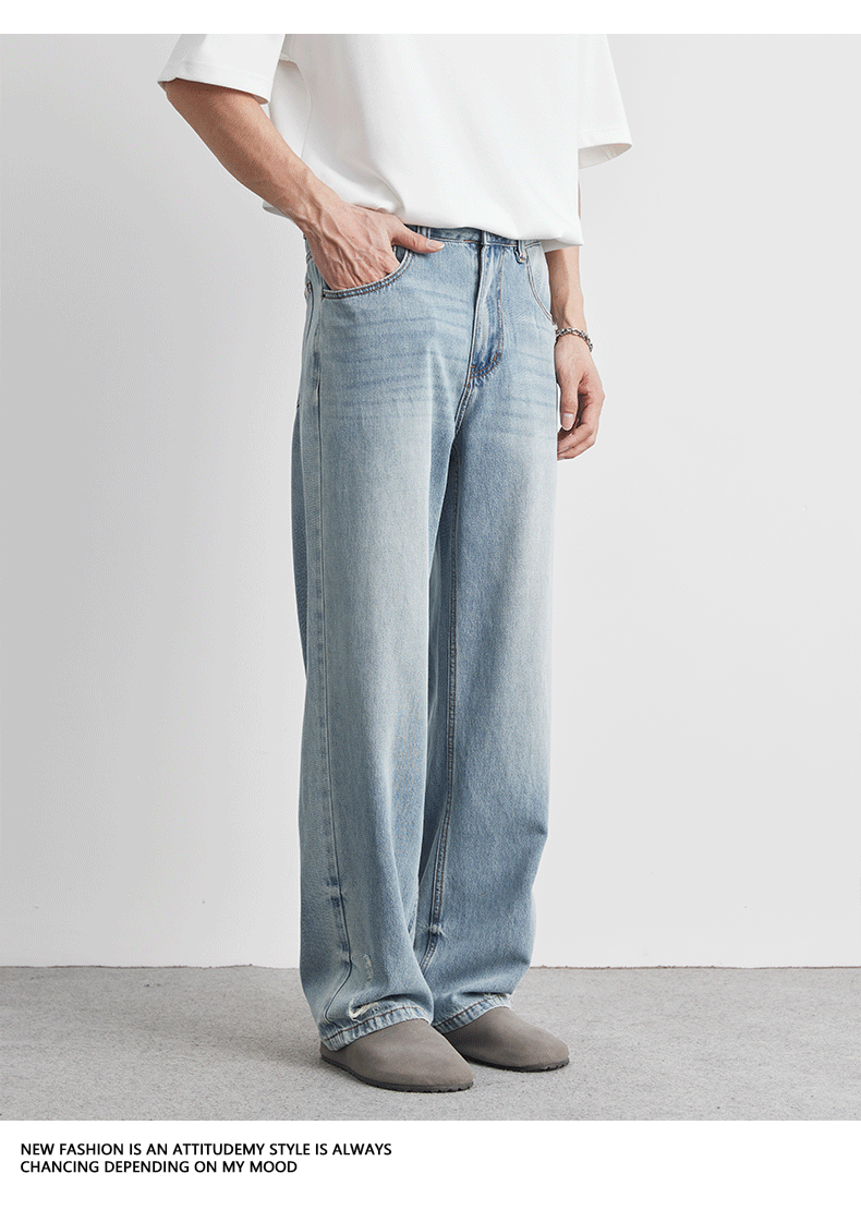 Quần jean nam ống rộng, màu xanh nhạt, phong cách cleanfit, chất liệu mỏng nhẹ — Màu xanh lam nhạt chi tiết 19