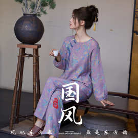 中式国风纯棉纱布睡衣女春秋夏季薄款全棉提花九分袖可外穿家居服