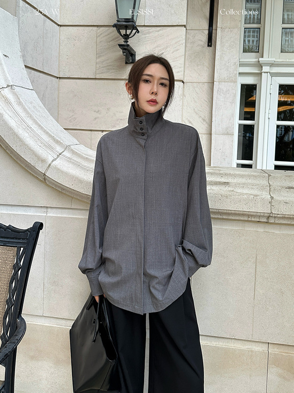 ELISISSI十三行口袋高领长袖衬衫女2025秋装新款高级感气质衬衣|undefined